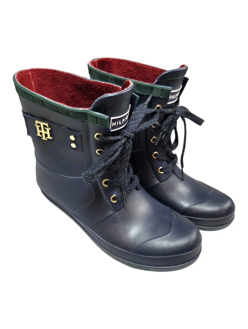Tommy Hilfiger Faux Fur Lined Rain Boots Navy Lace Up Size 8